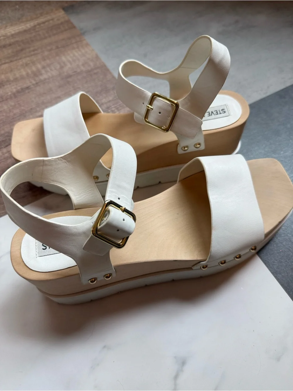 Steve Madden White Platform Sandals with Gold Studs